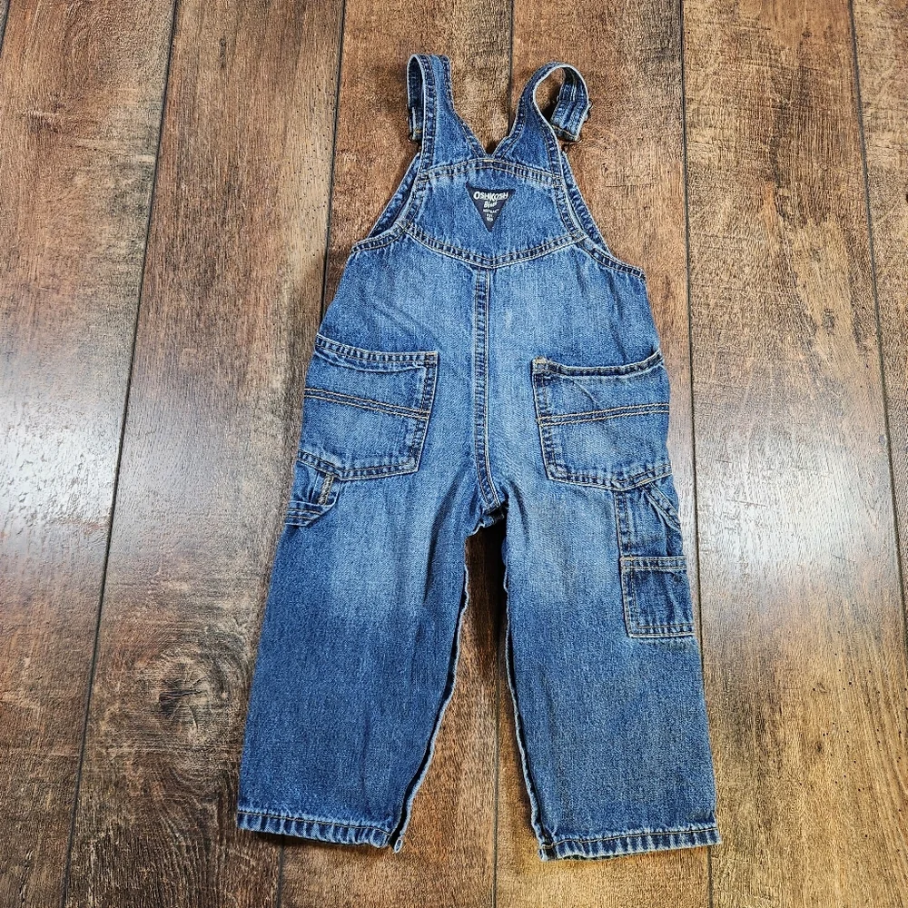 OSHKOSH B'GOSH Boys Denim Blue Jeans Embroidered Overalls 18 Months